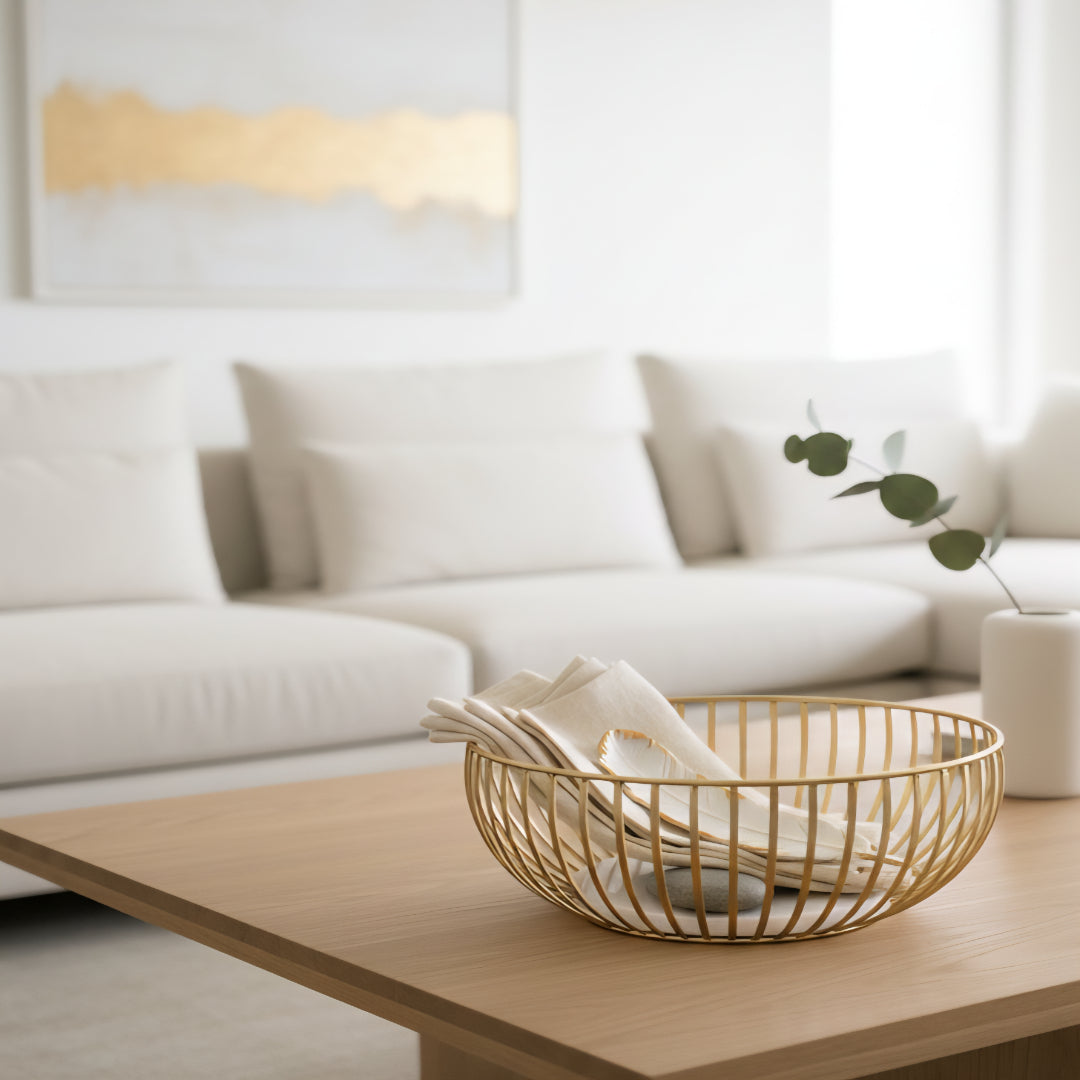 Gold Plated Metal Fruit and Casual Basket with White Marble Base