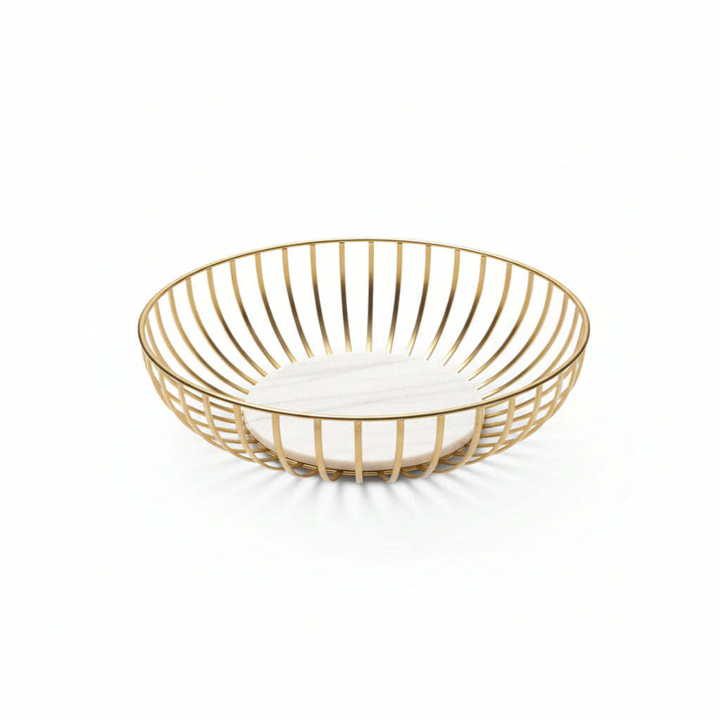 Gold Plated Metal Fruit and Casual Basket with White Marble Base