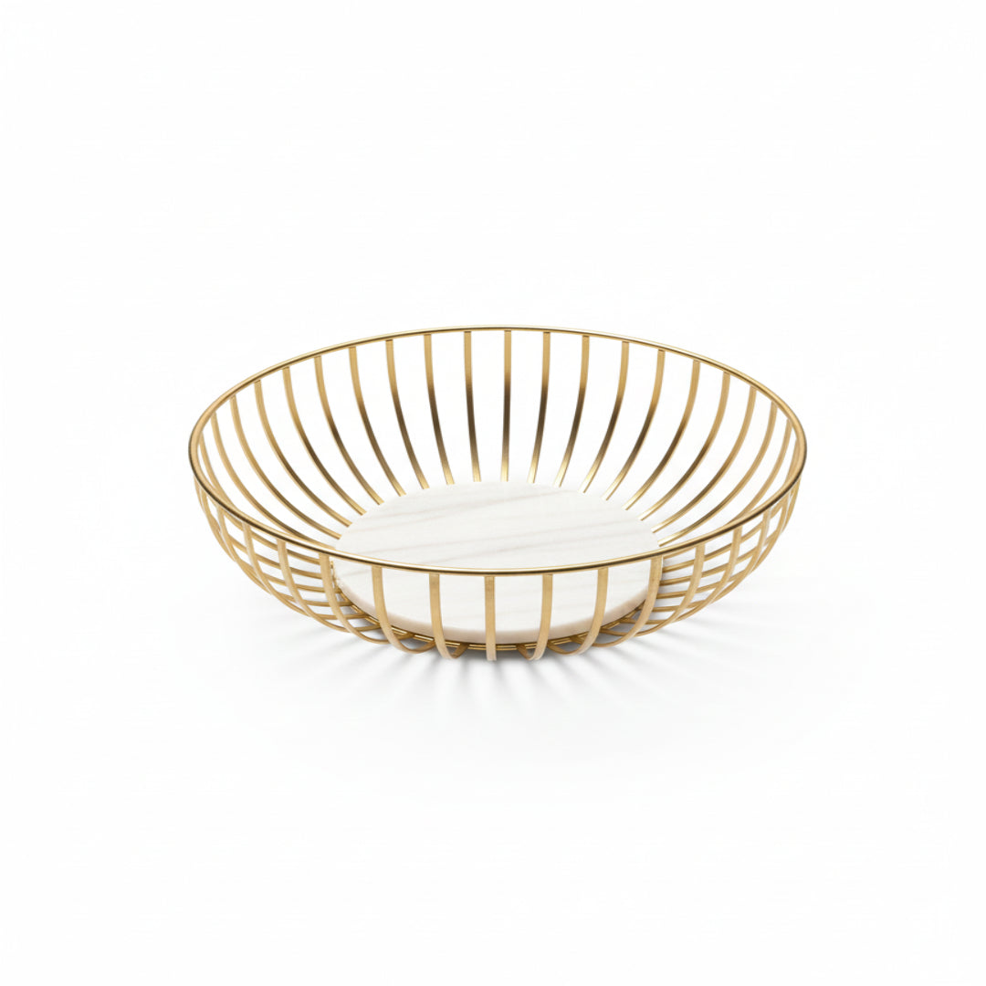Gold Plated Metal Fruit and Casual Basket with White Marble Base