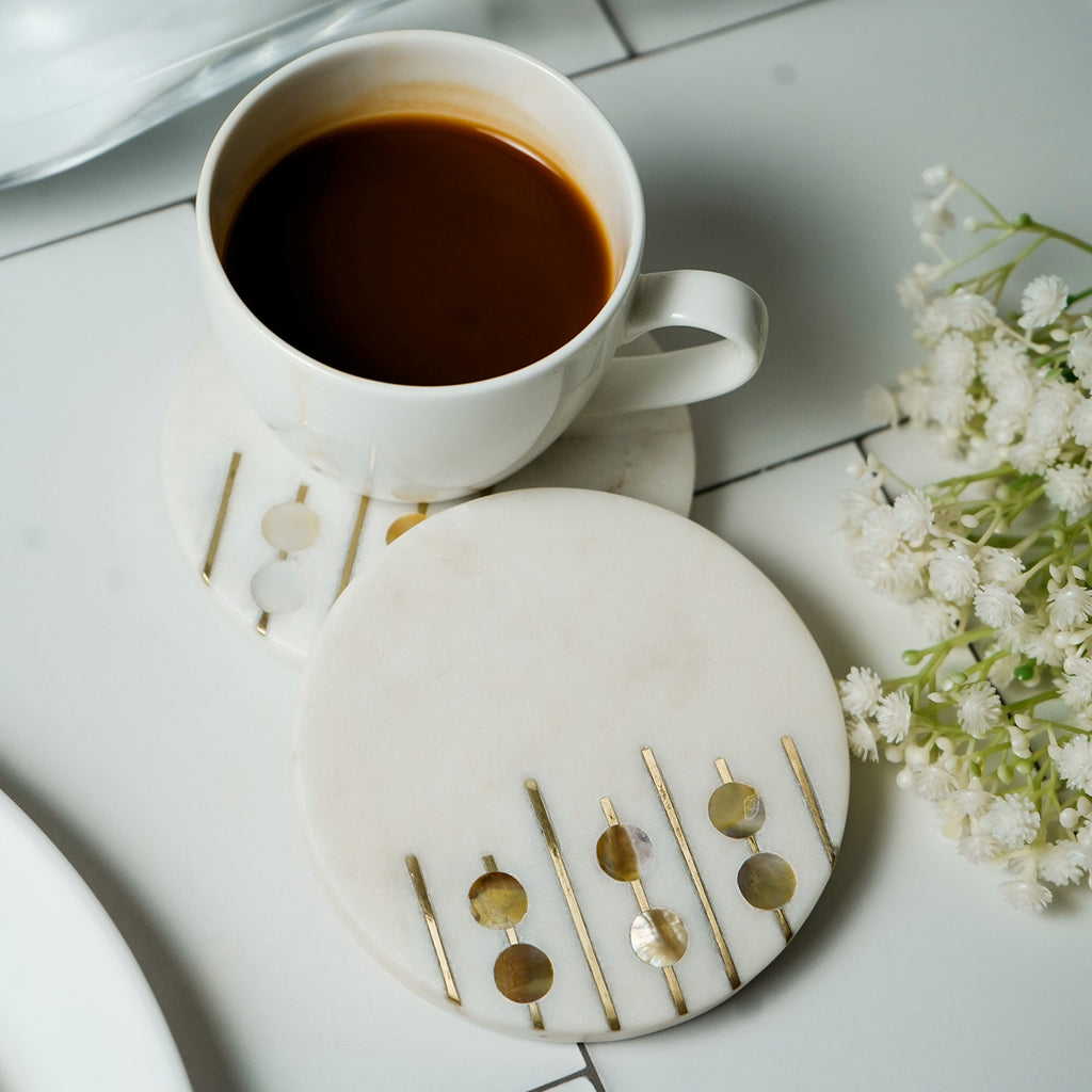 White Marble Round Coaster with MOP and Brass Inlay Set of 2