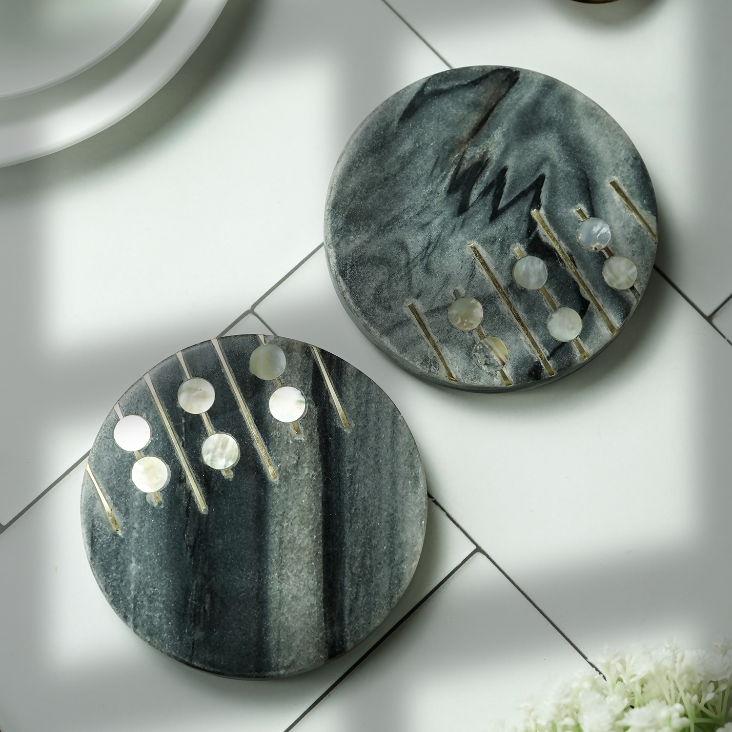 Gray Marble Round Coaster with MOP and Brass Inlay Set of 2