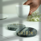 Gray Marble Round Coaster with MOP and Brass Inlay Set of 2