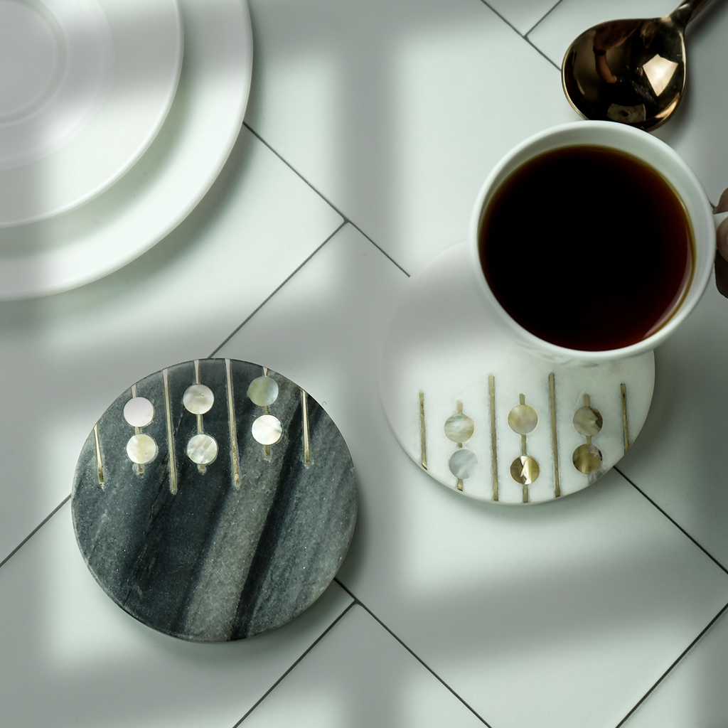 White and Gray Marble Round Coaster with MOP and Brass Inlay Set of 2