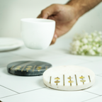 White and Gray Marble Round Coaster with MOP and Brass Inlay Set of 2