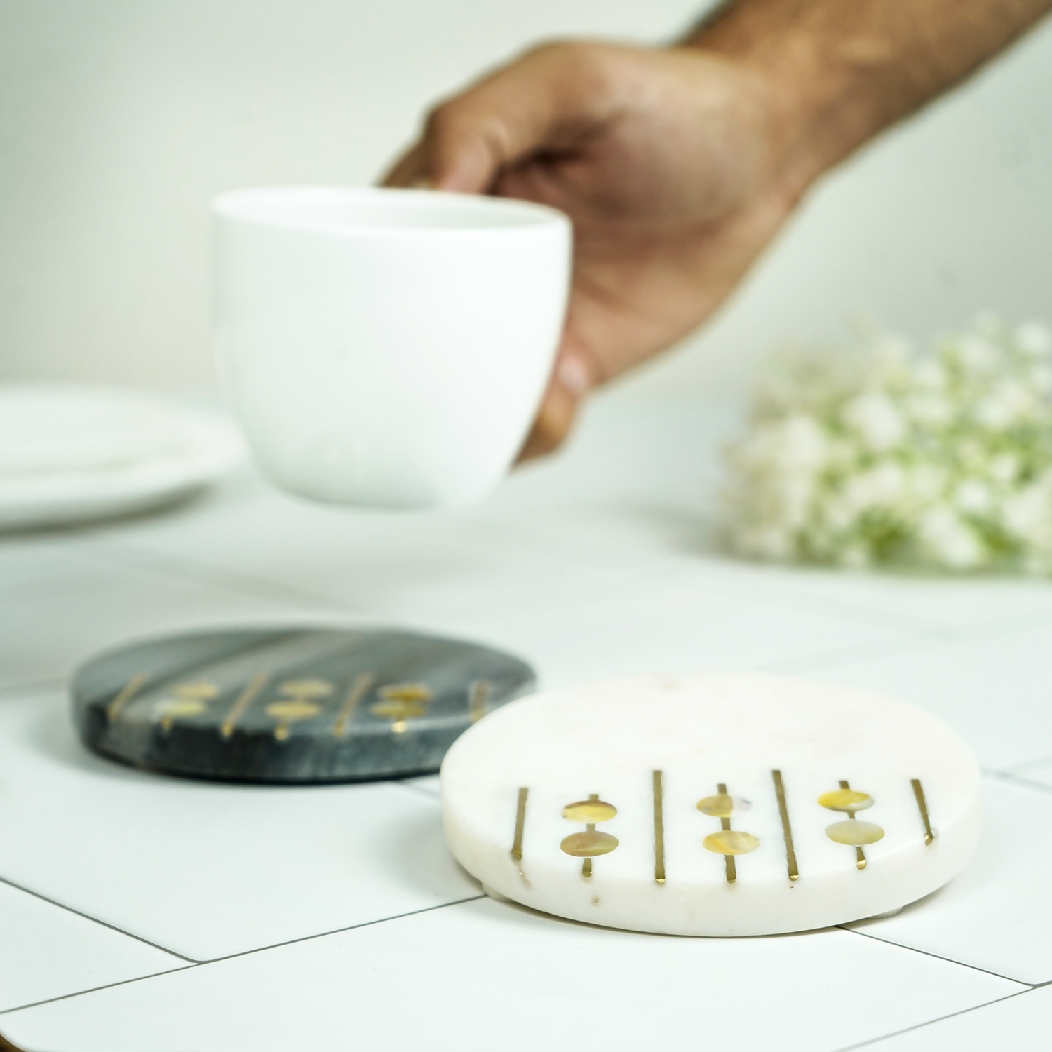White and Gray Marble Round Coaster with MOP and Brass Inlay Set of 2