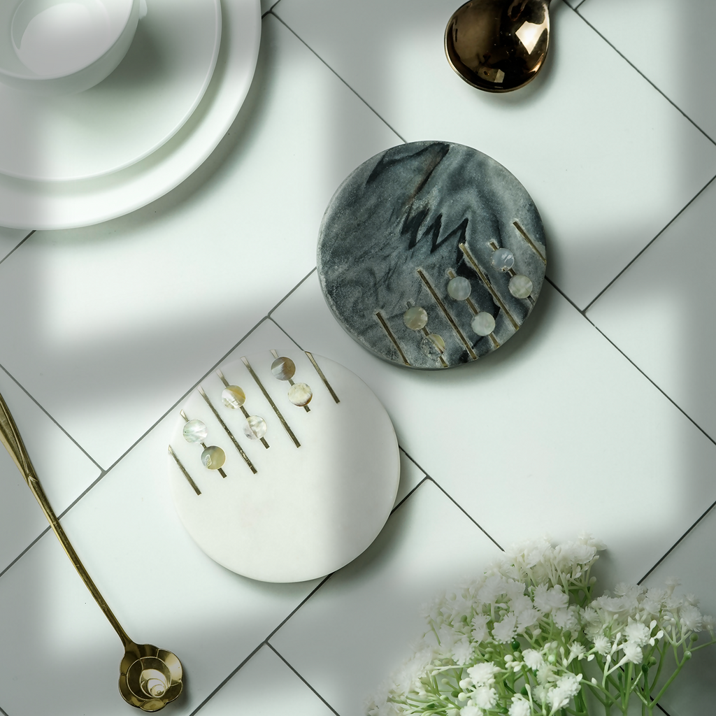 White and Gray Marble Round Coaster with MOP and Brass Inlay Set of 2