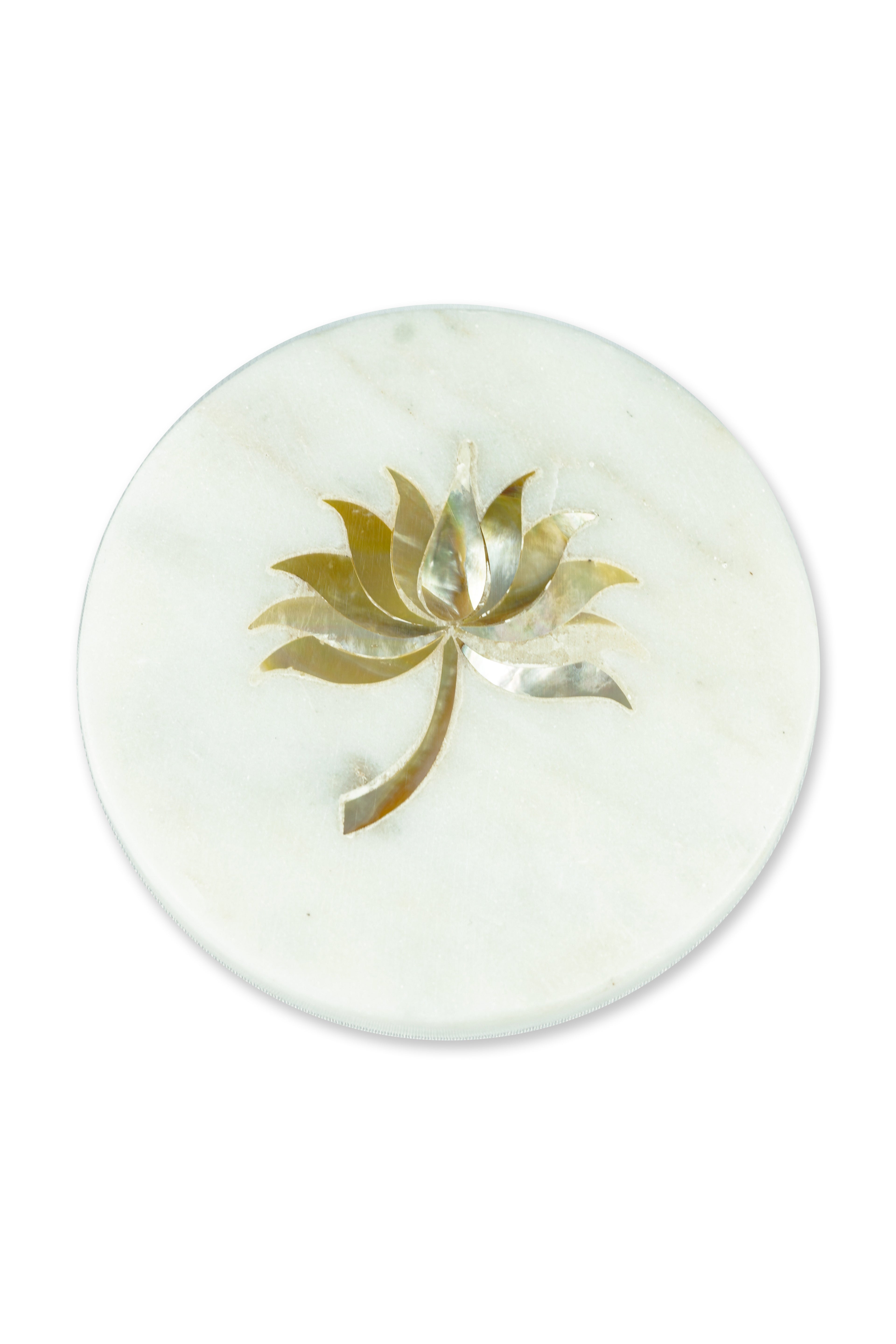 White Marble Round Coaster with Lotus design MOP Inlay Set of 2