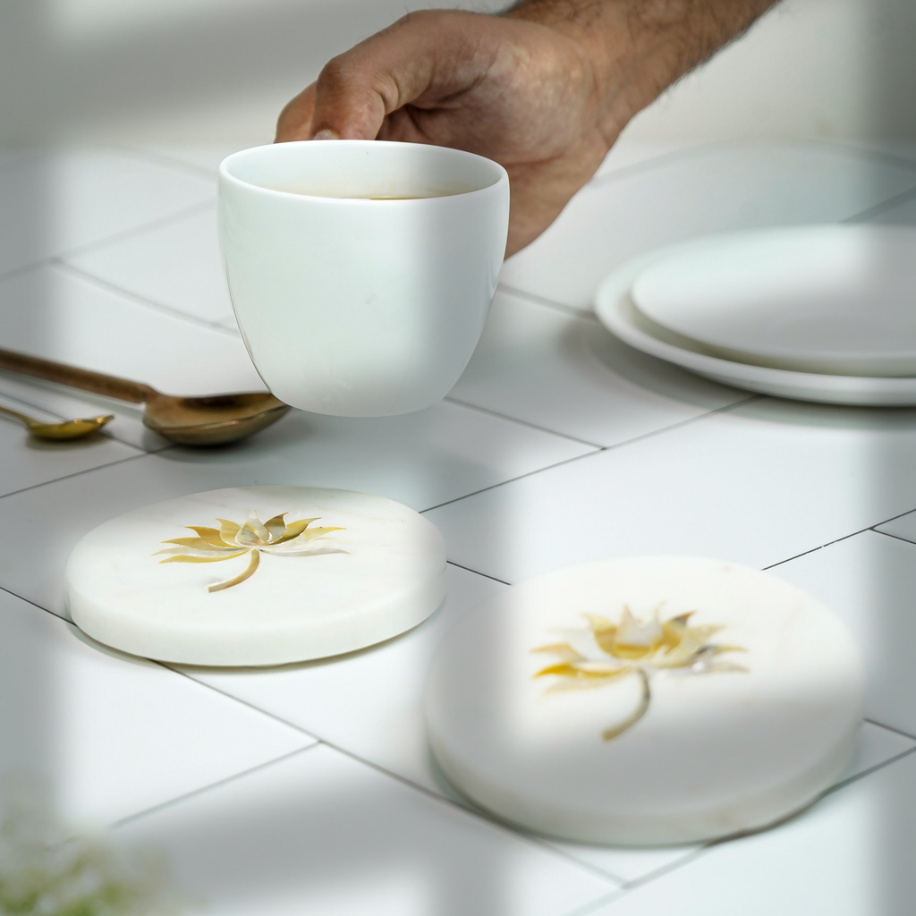 White Marble Round Coaster with Lotus design MOP Inlay Set of 2