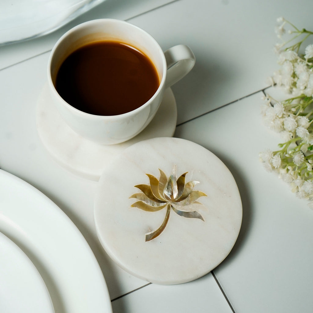 White Marble Round Coaster with Lotus design MOP Inlay Set of 2
