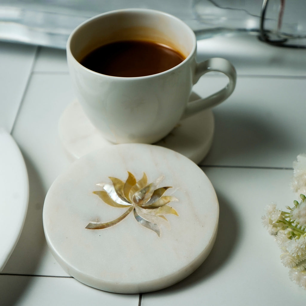 White Marble Round Coaster with Lotus design MOP Inlay Set of 2