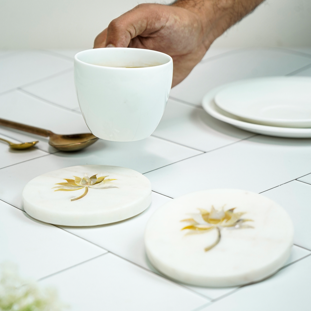 White Marble Round Coaster with Lotus design MOP Inlay Set of 2