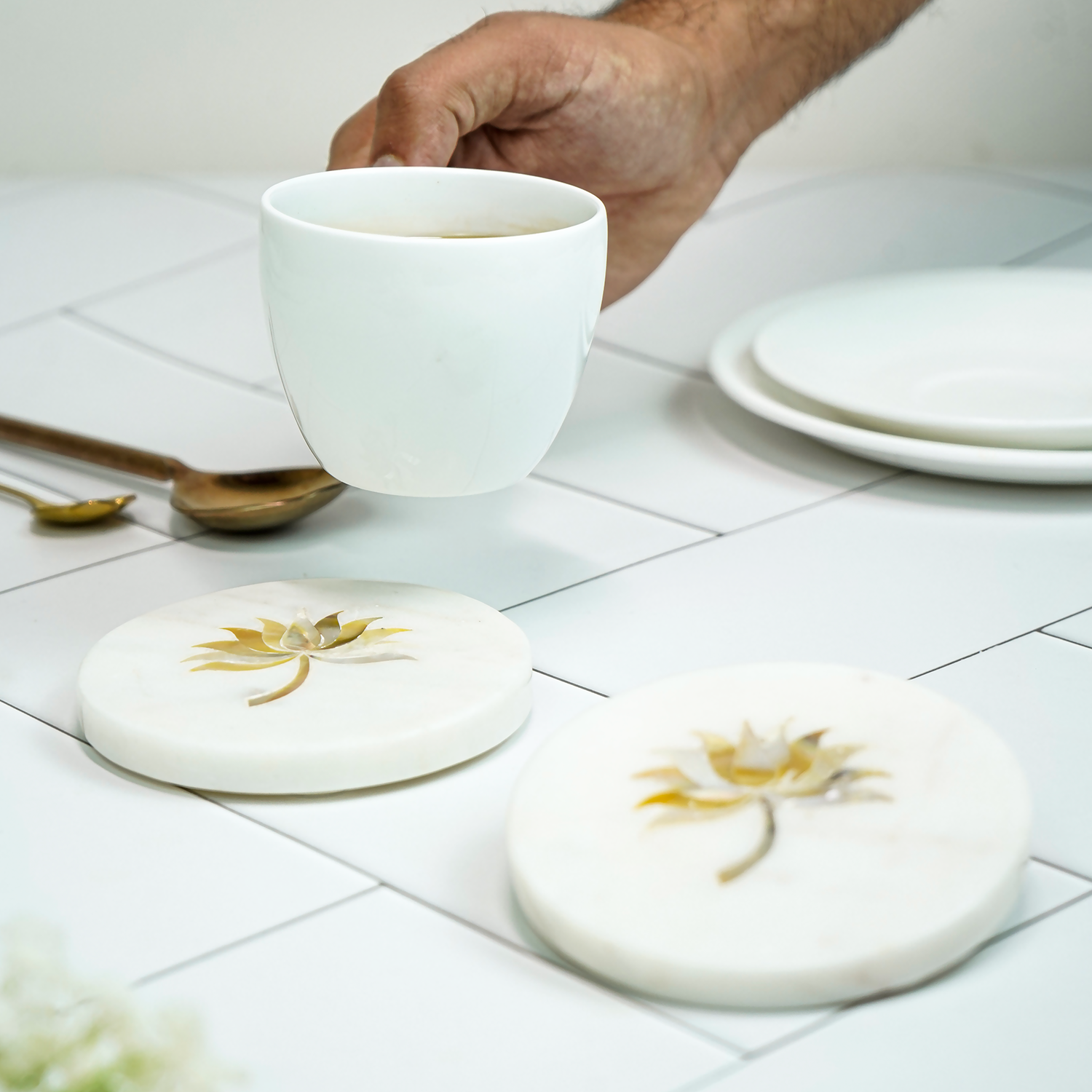 White Marble Round Coaster with Lotus design MOP Inlay Set of 2