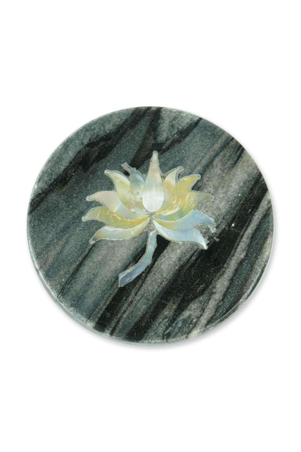 Gray Marble Round Coaster with Lotus design MOP Inlay Set of 2