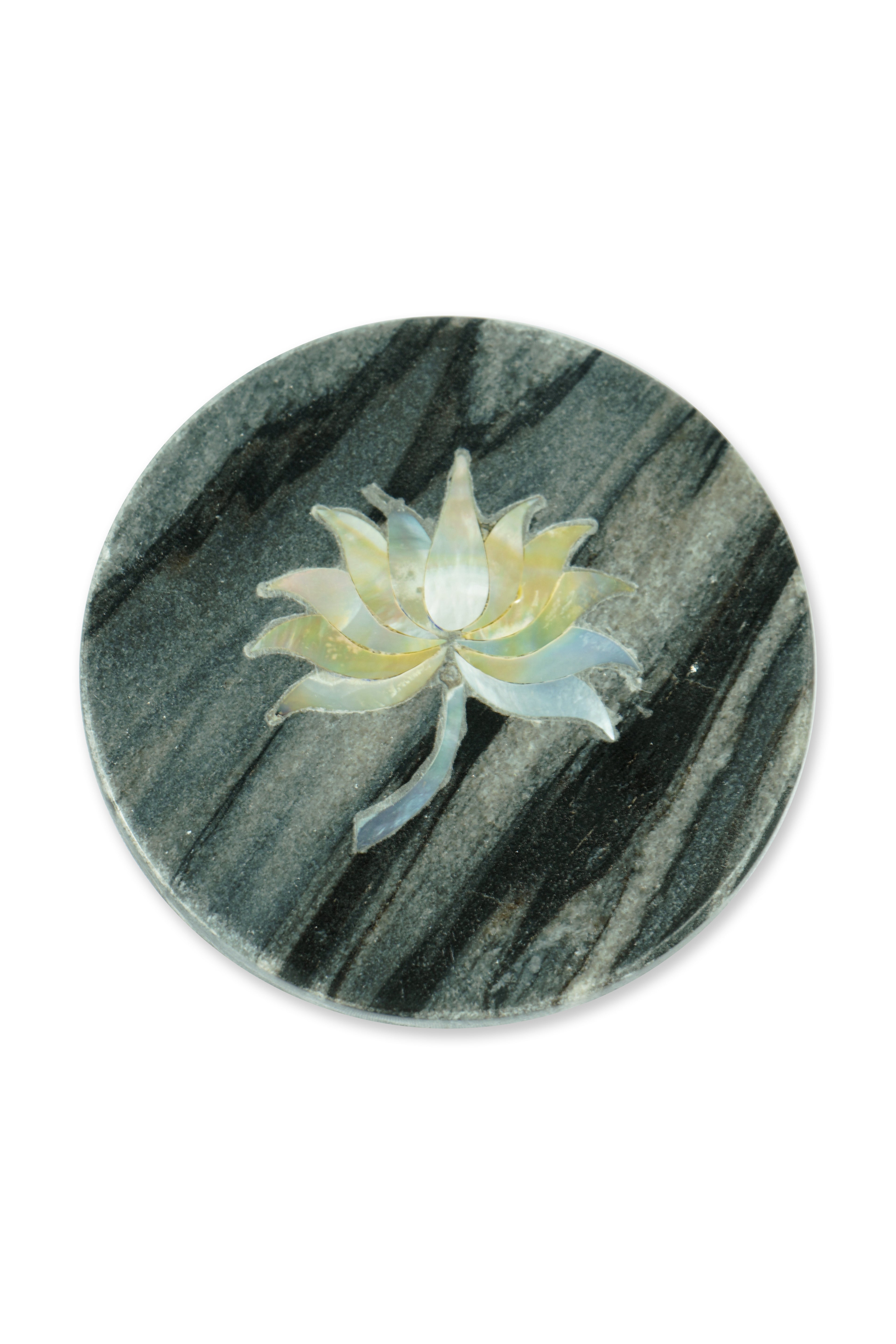 Gray Marble Round Coaster with Lotus design MOP Inlay Set of 2