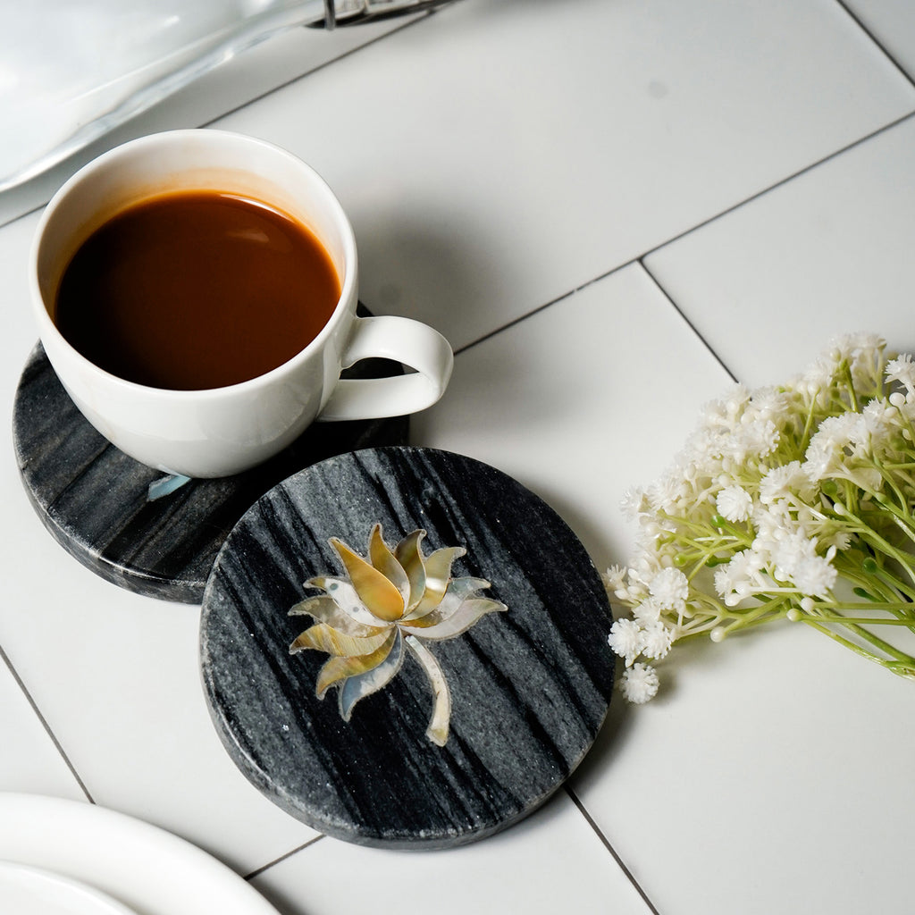 Gray Marble Round Coaster with Lotus design MOP Inlay Set of 2