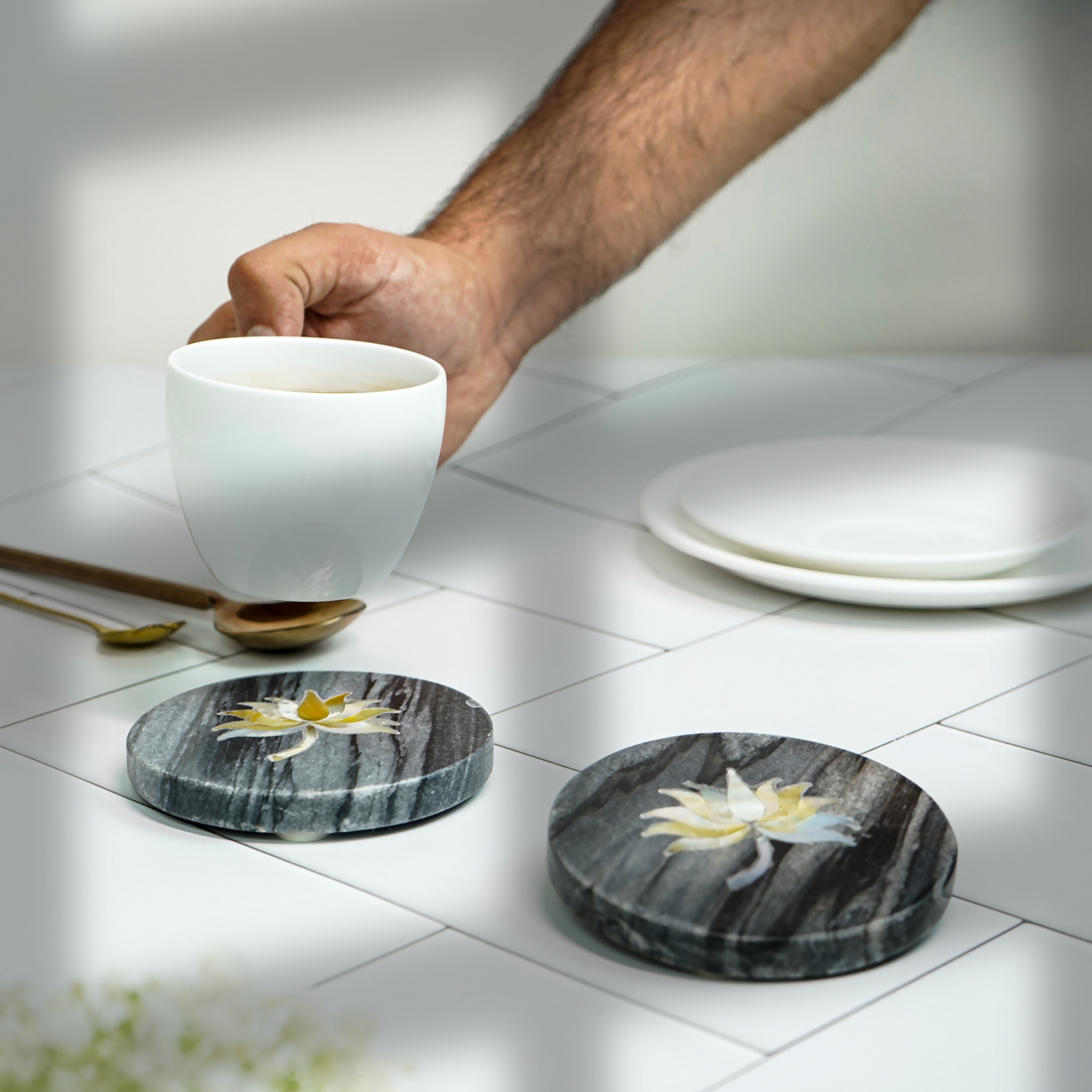 Gray Marble Round Coaster with Lotus design MOP Inlay Set of 2