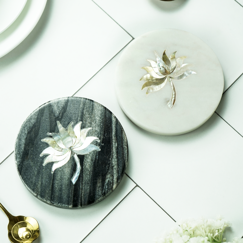 White and Gray Marble Round Coaster with Lotus design MOP Inlay Set of 2