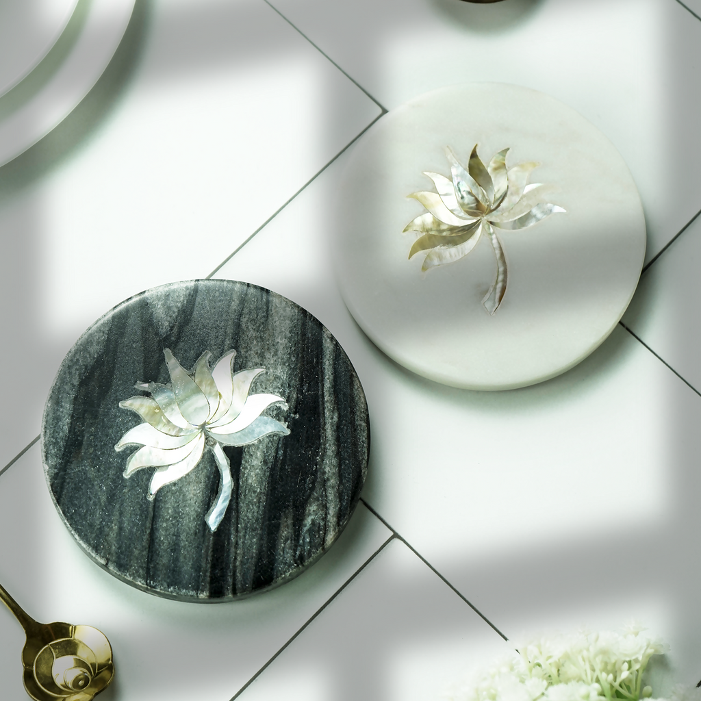 White and Gray Marble Round Coaster with Lotus design MOP Inlay Set of 2