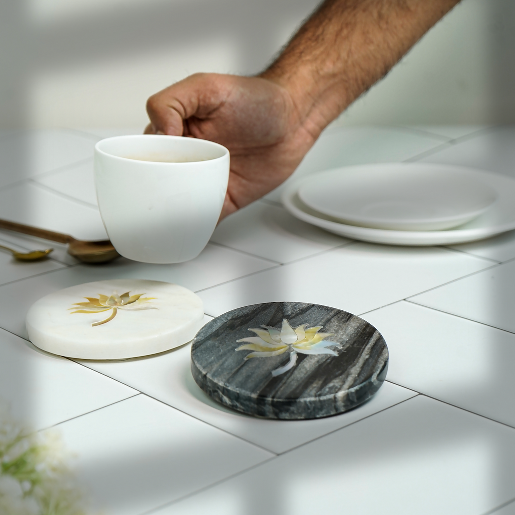 White and Gray Marble Round Coaster with Lotus design MOP Inlay Set of 2