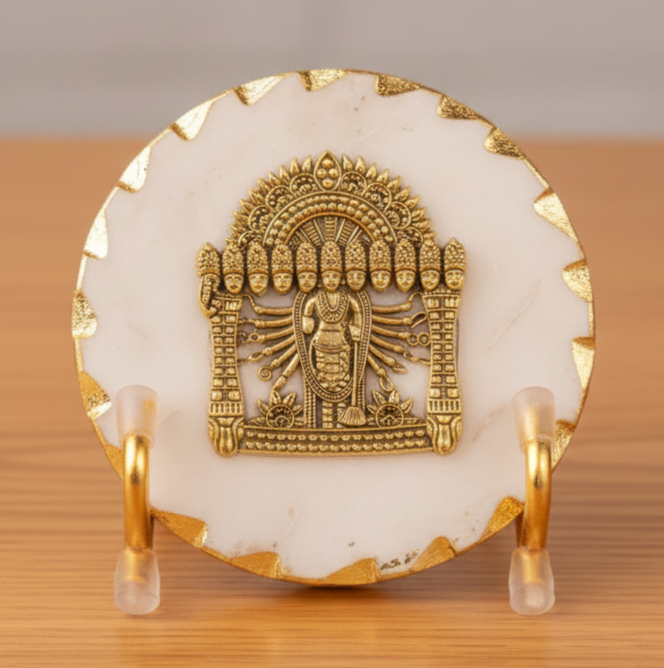 Marble Gold Leafing Ganesha Showpiece With Metal Stand- White