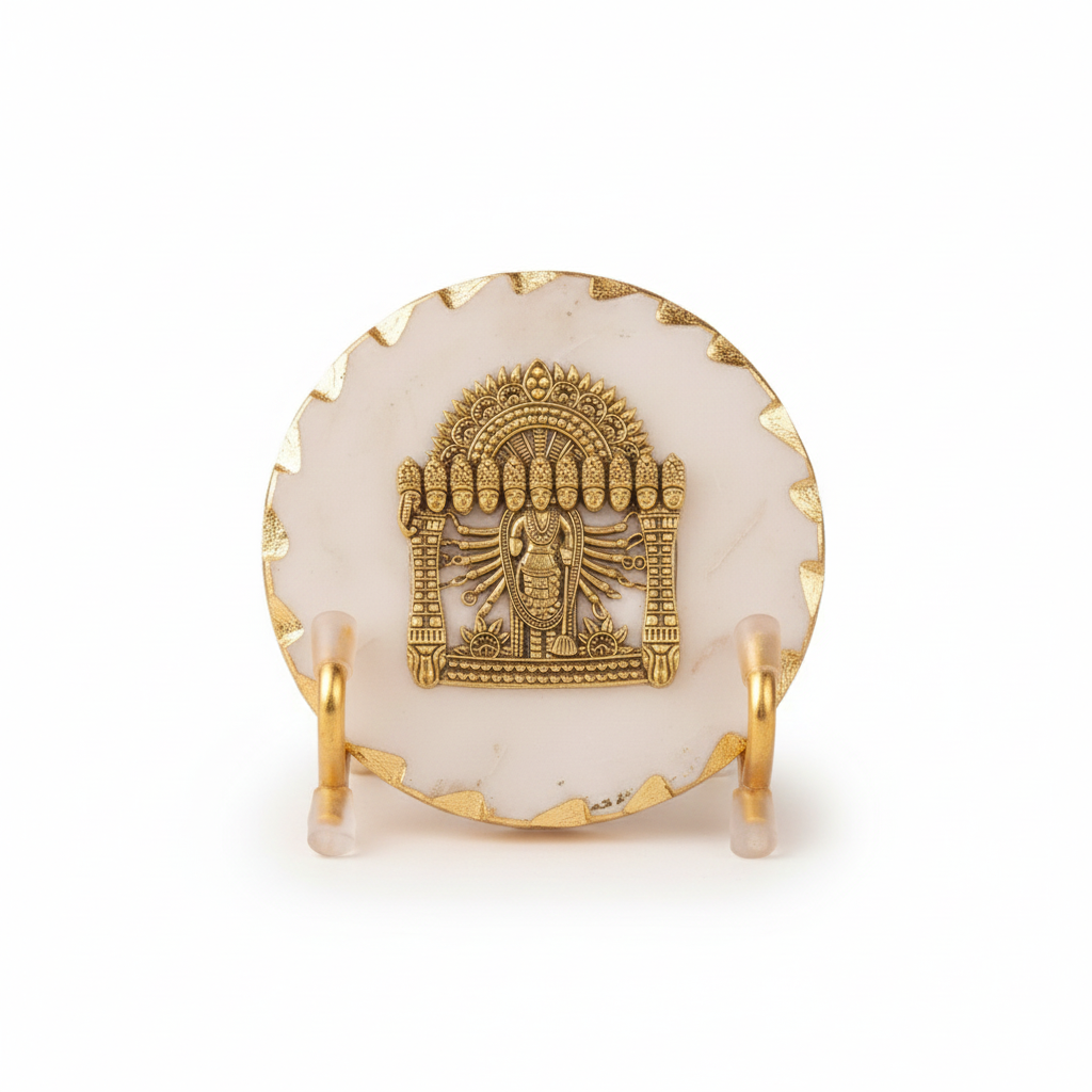 Marble Gold Leafing Ganesha Showpiece With Metal Stand- White