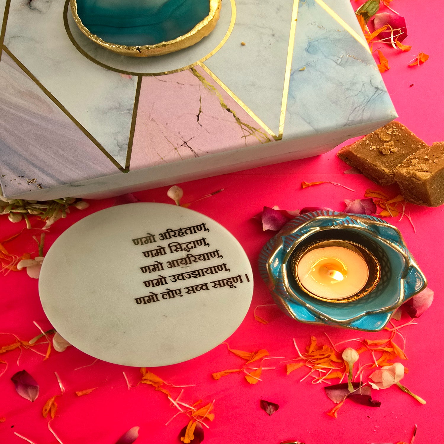 White Marble Namokar Mantra Choki And Polyresin Tea Light Holder