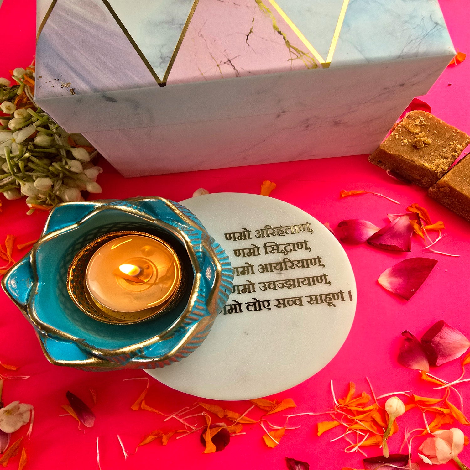 White Marble Namokar Mantra Choki And Polyresin Tea Light Holder