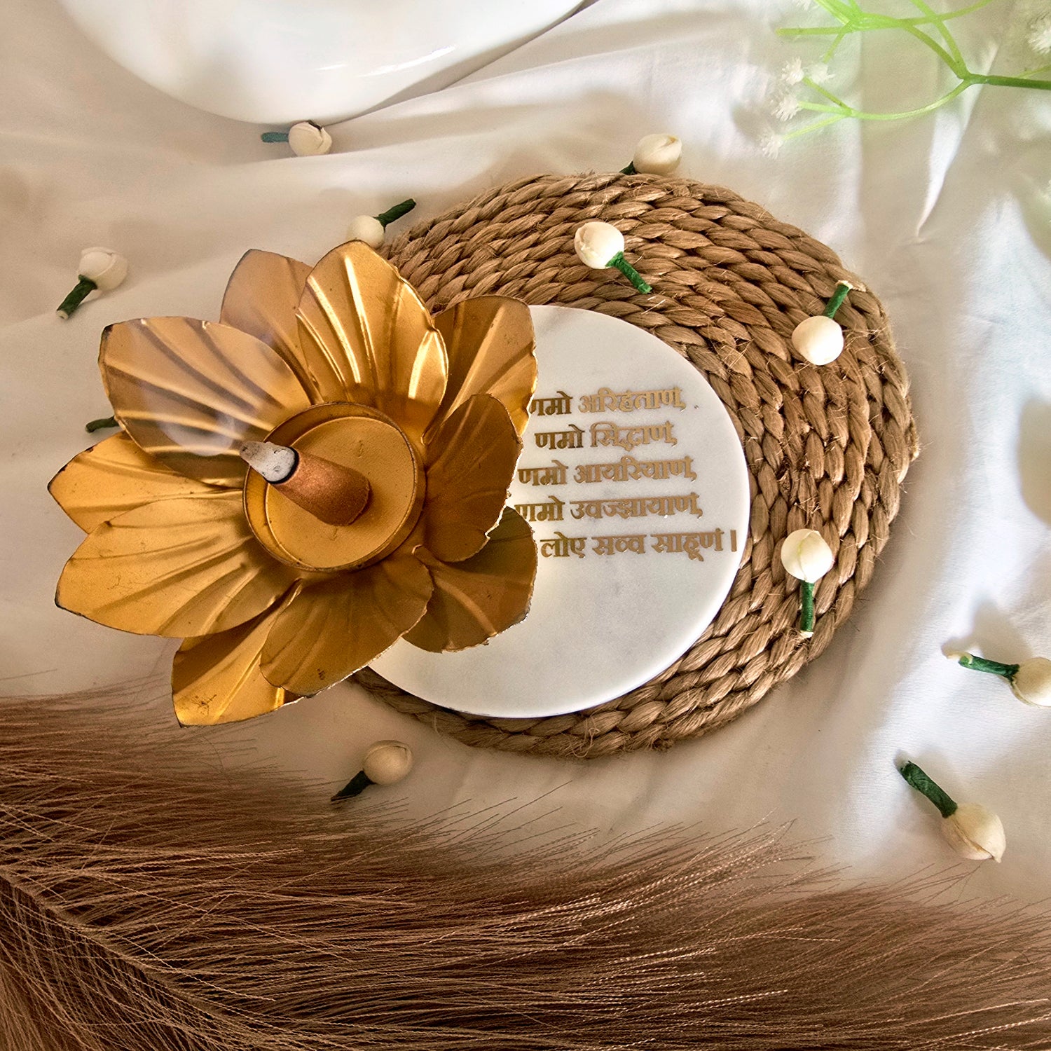 Marble Namokar Mantra Flower Shape Tealight Holder