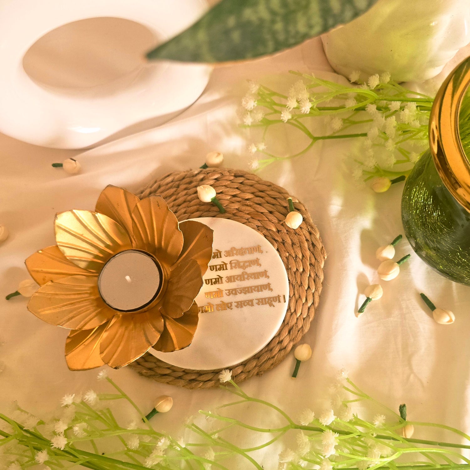 Marble Namokar Mantra Flower Shape Tealight Holder