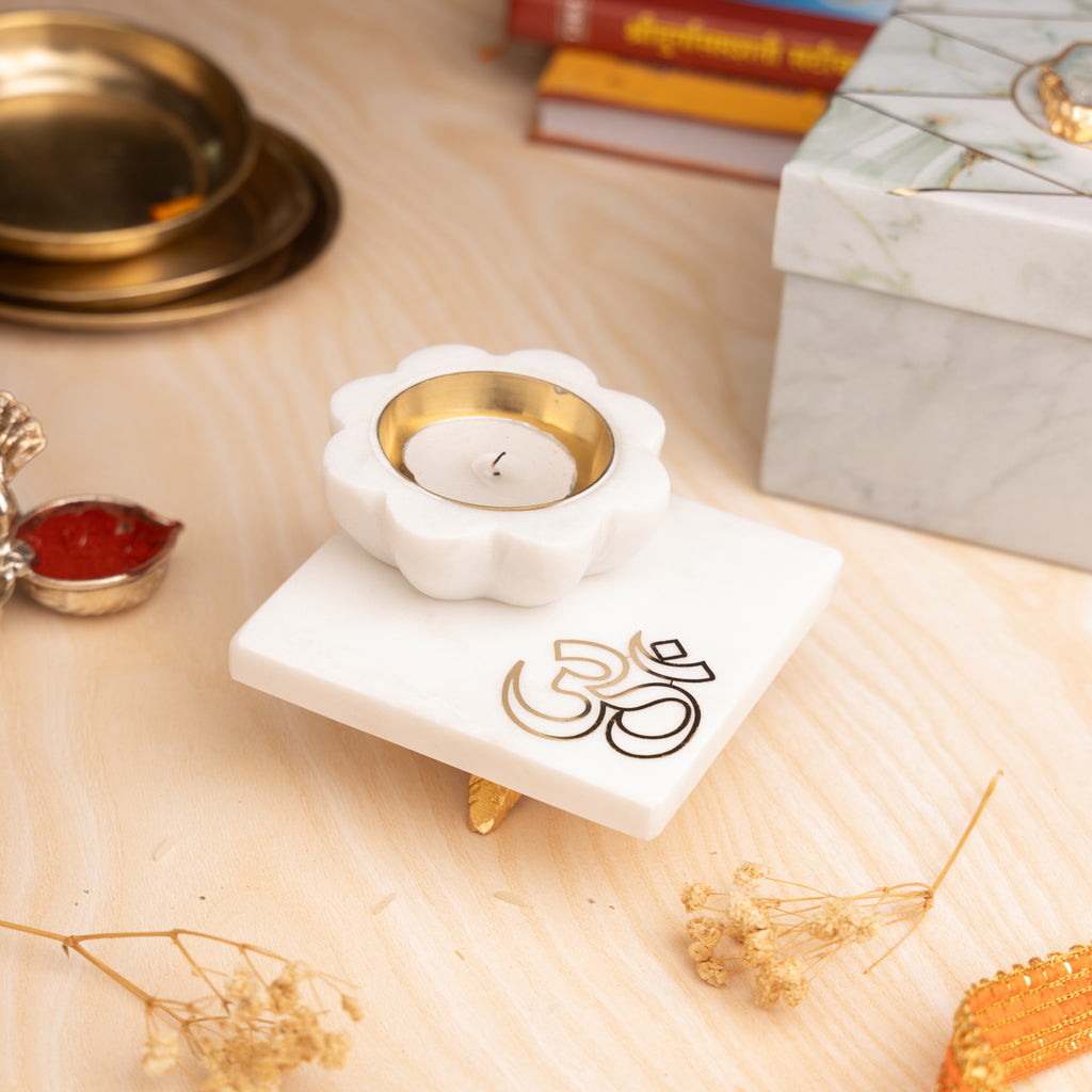 Marble OM Chowki with Marble Diya