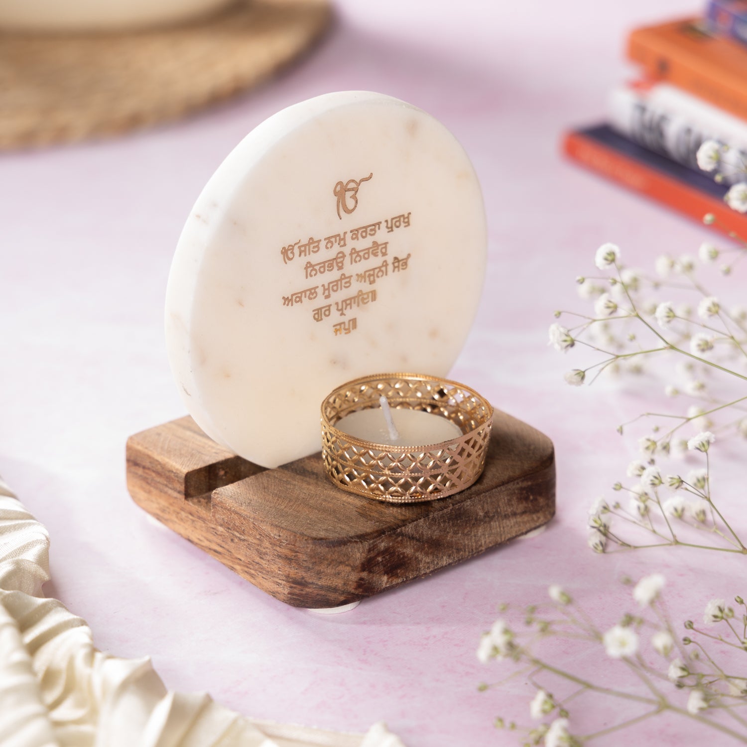 Ik Onkar Mantra Marble Tealight Wooden