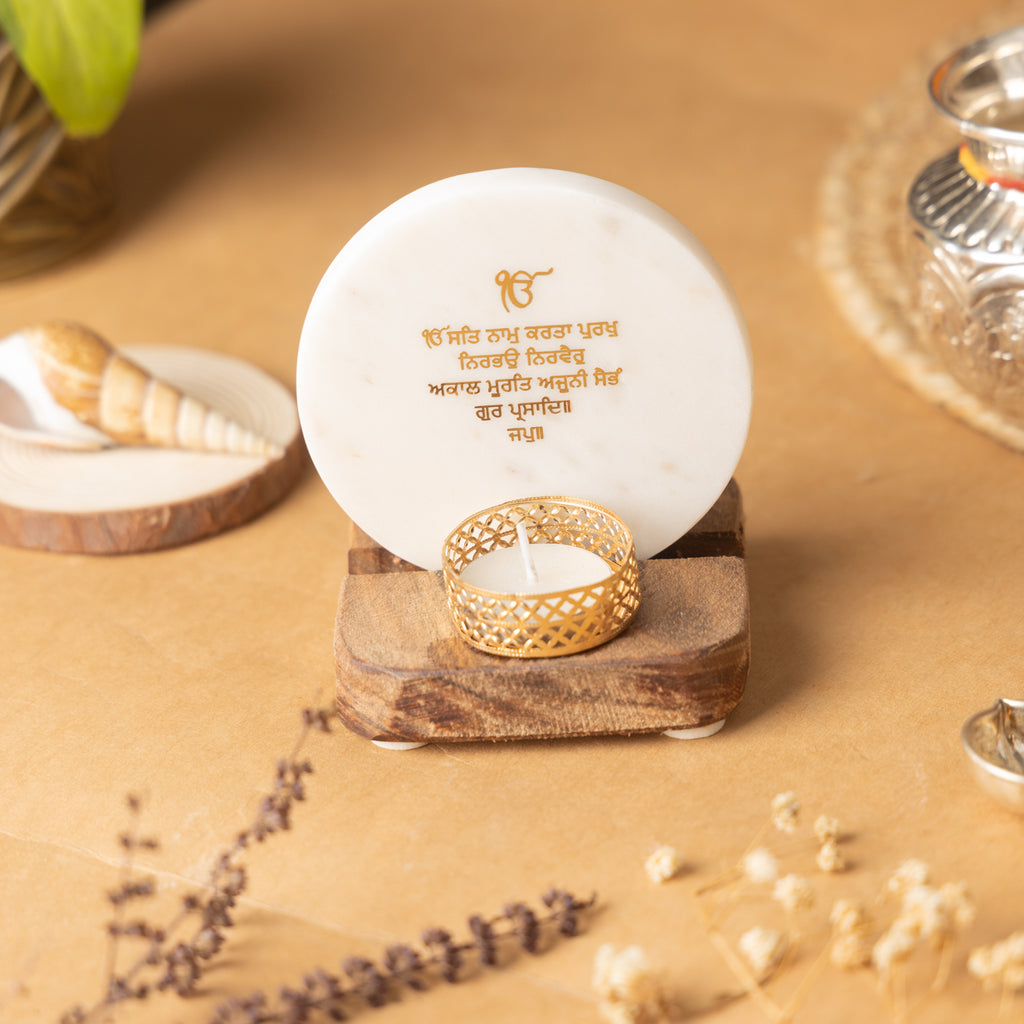 Ik Onkar Mantra Marble Tealight Wooden