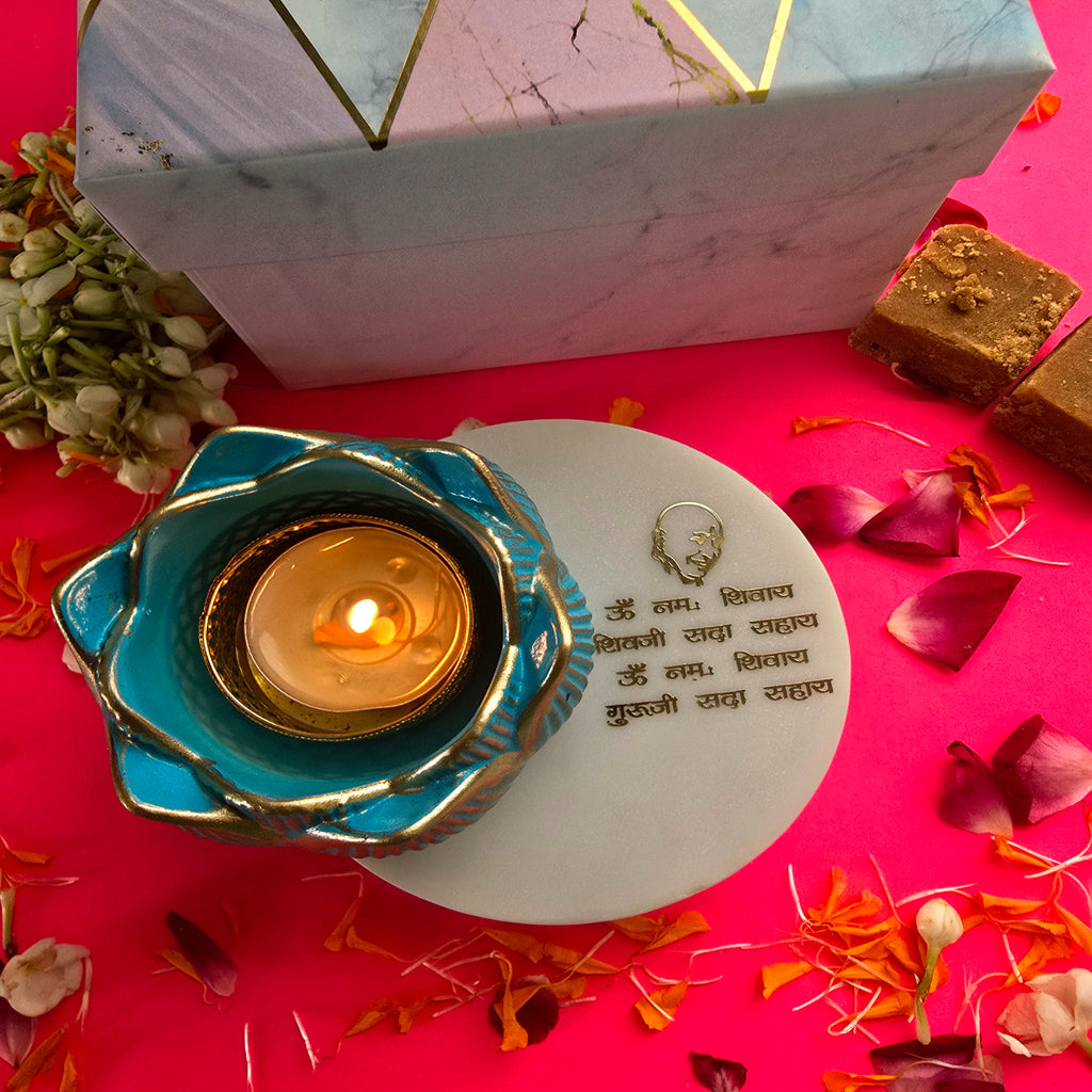 White Marble Om Namah Shivay Choki And Polyresin Tea Light Holder