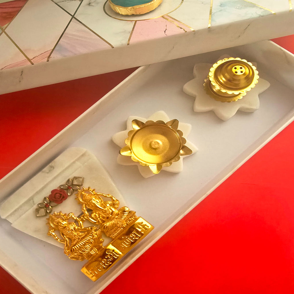 Marble Star Shape Pooja Set With Laxmi Ganesha Tealight Holder , Brass Diya And Incense Holder