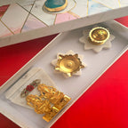 Marble Star Shape Pooja Set With Laxmi Ganesha Tealight Holder , Brass Diya And Incense Holder