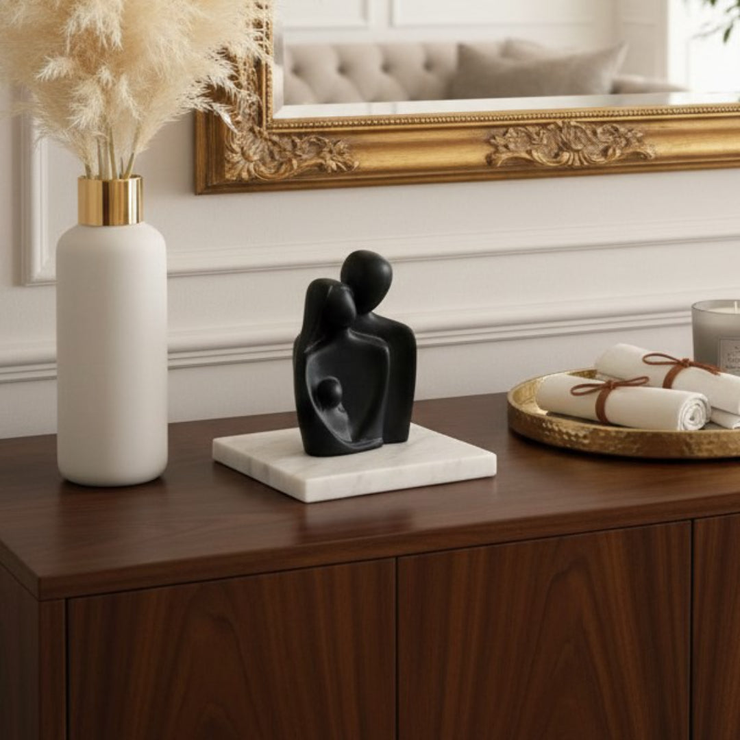 Abstract Family Bond Black Sculpture with White Marble Base