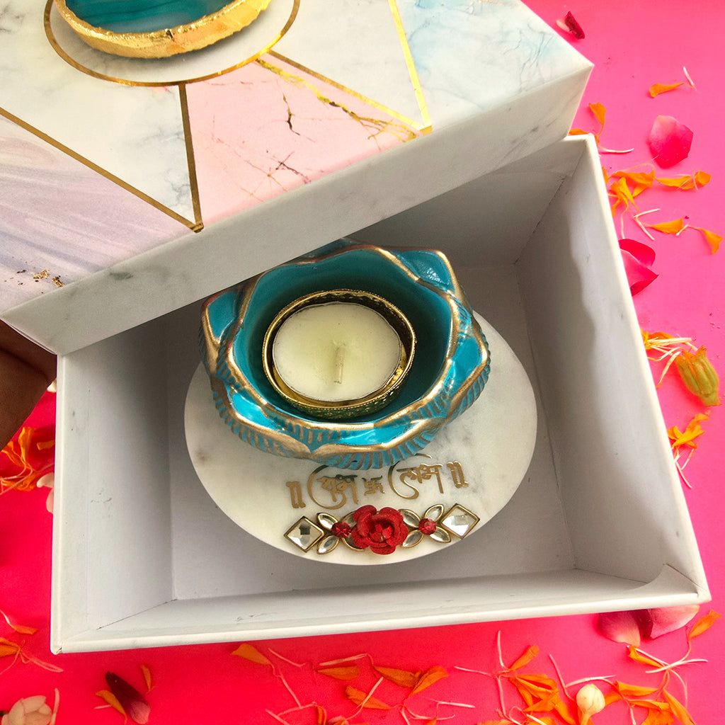 White Marble Shubh Labh Choki And Polyresin Tea Light Holder