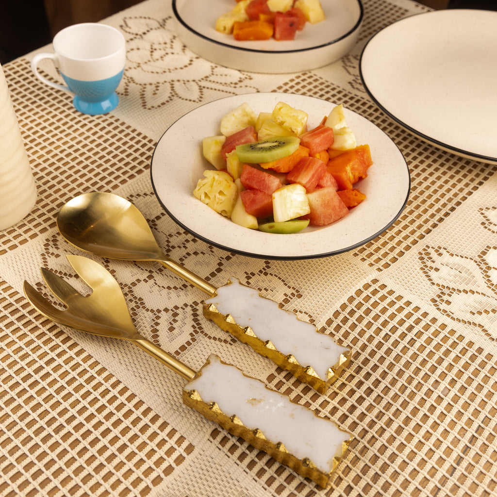 White Marble with Gold leafing Golden Metal Cake Server