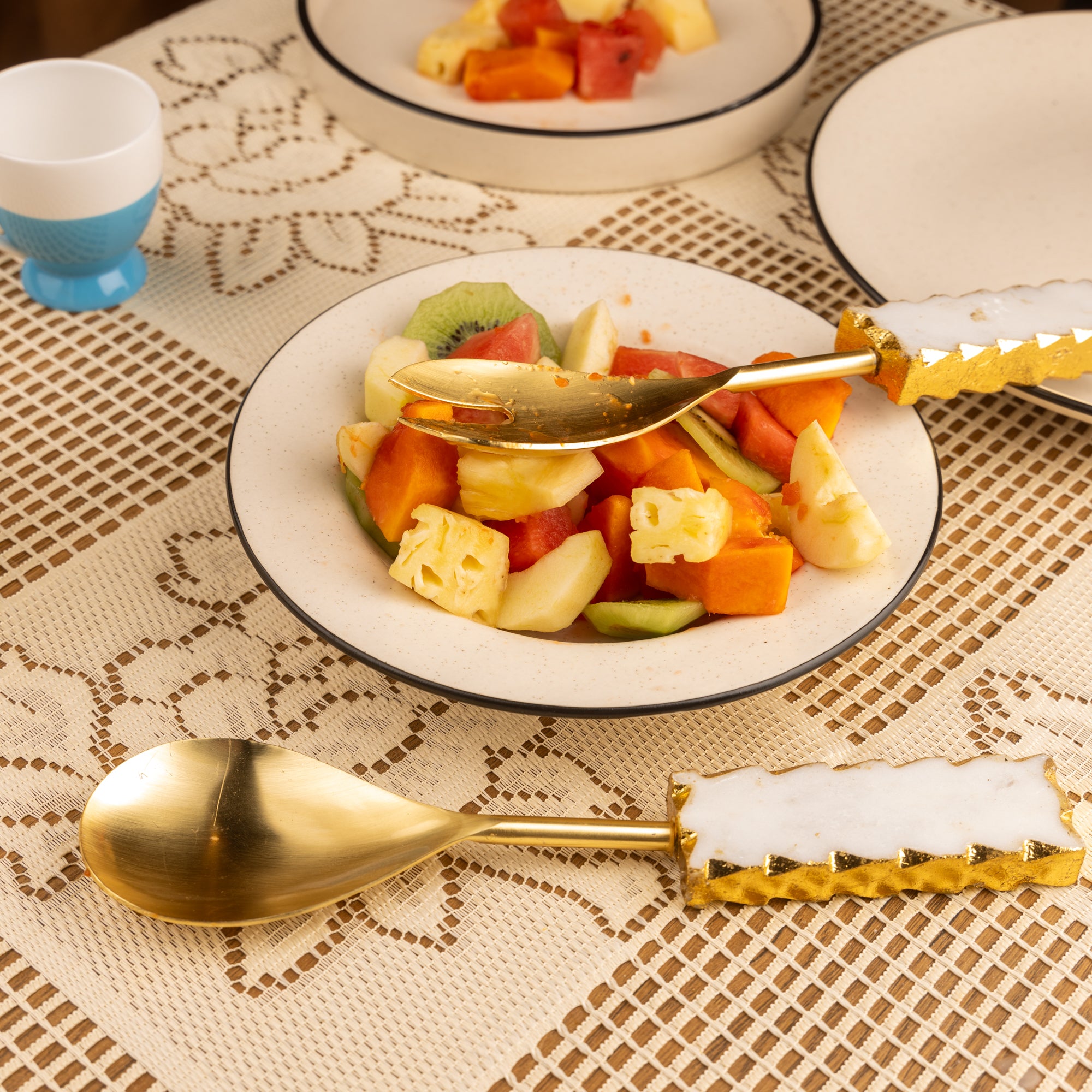 White Marble with Gold leafing Golden Metal Cake Server