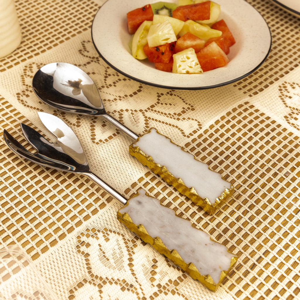 White Marble with Gold leafing Silver Metal Cake Server