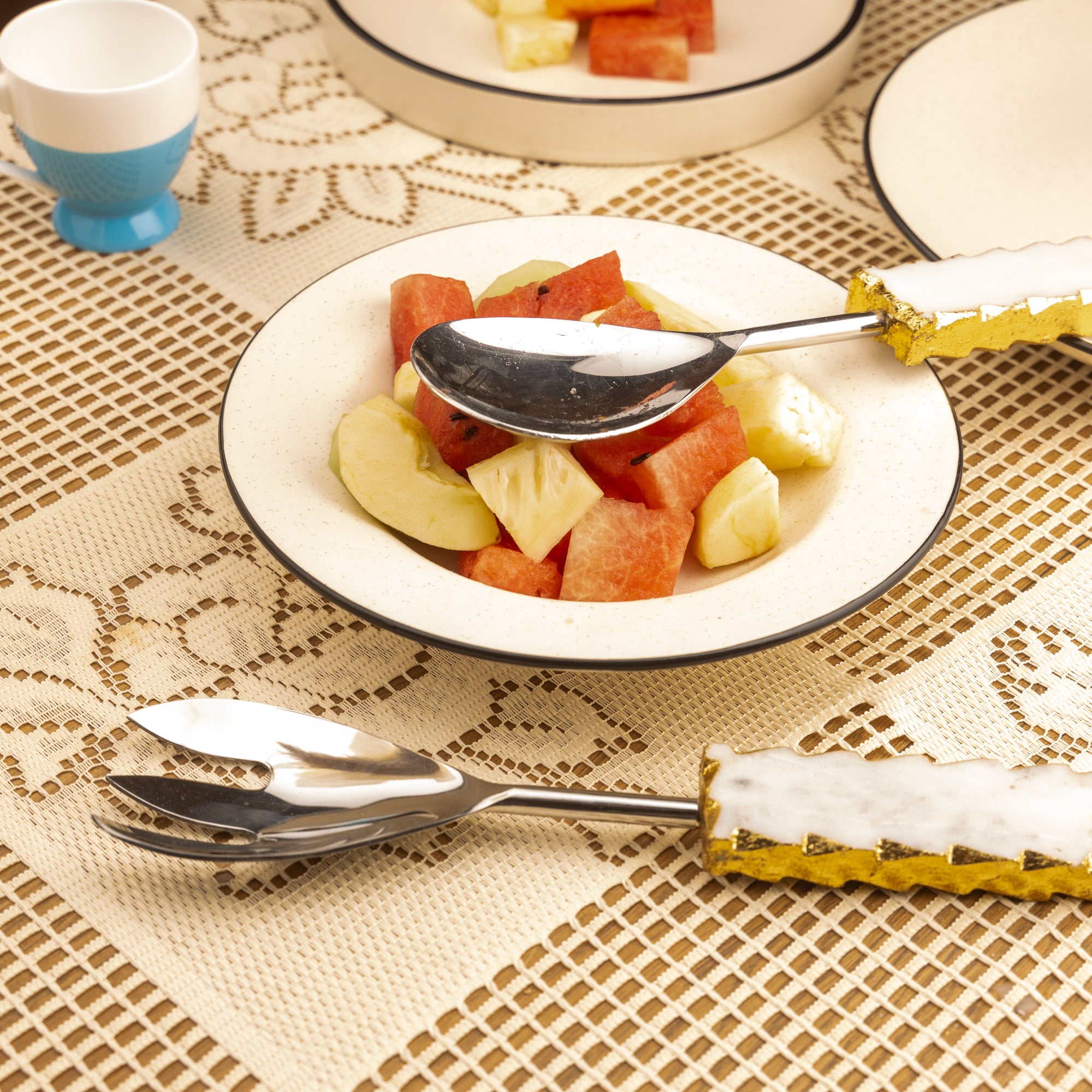 White Marble with Gold leafing Silver Metal Cake Server