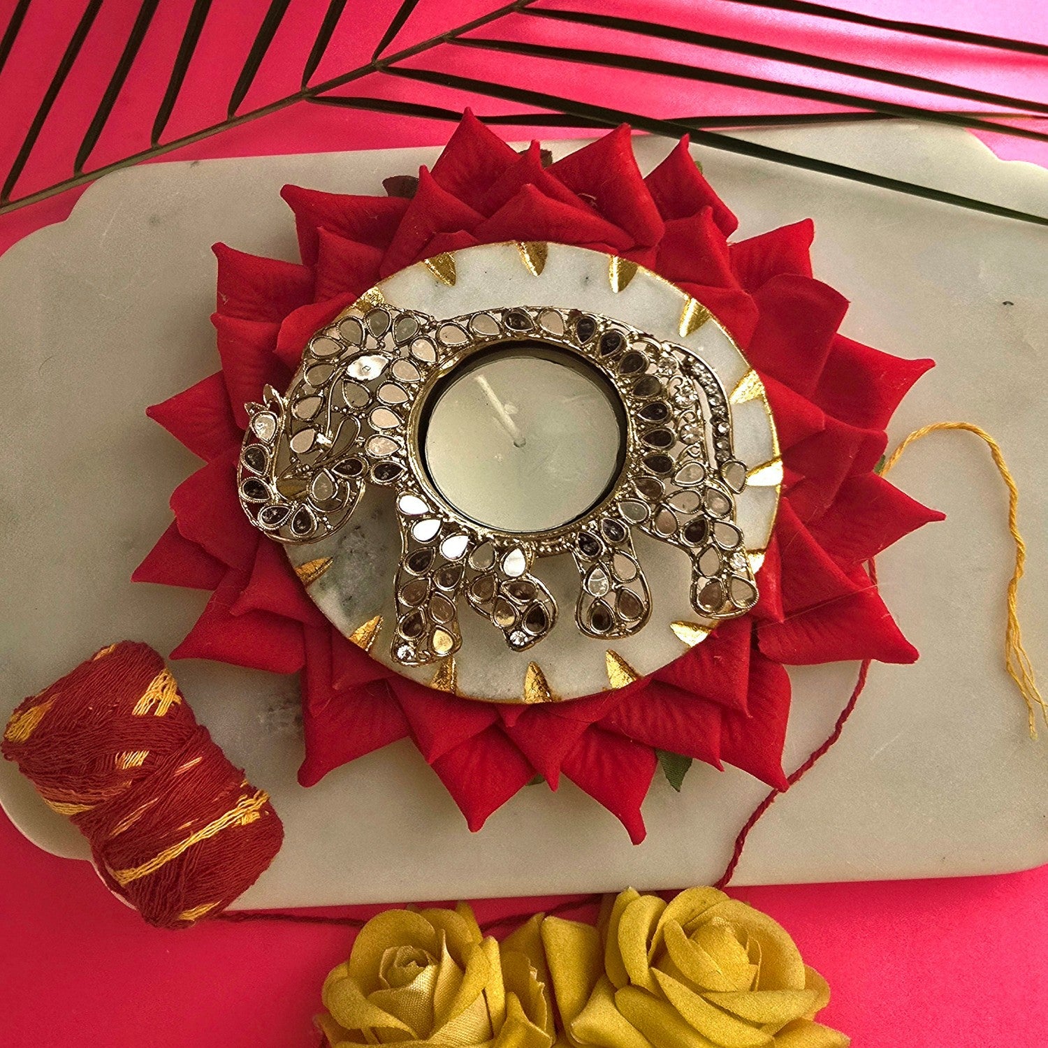 Elephant Shape Metal Diya with White Marble Pooja Platter & Box
