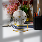 White Marble Round Shape Desk Clock with MOP and Brass Inlay