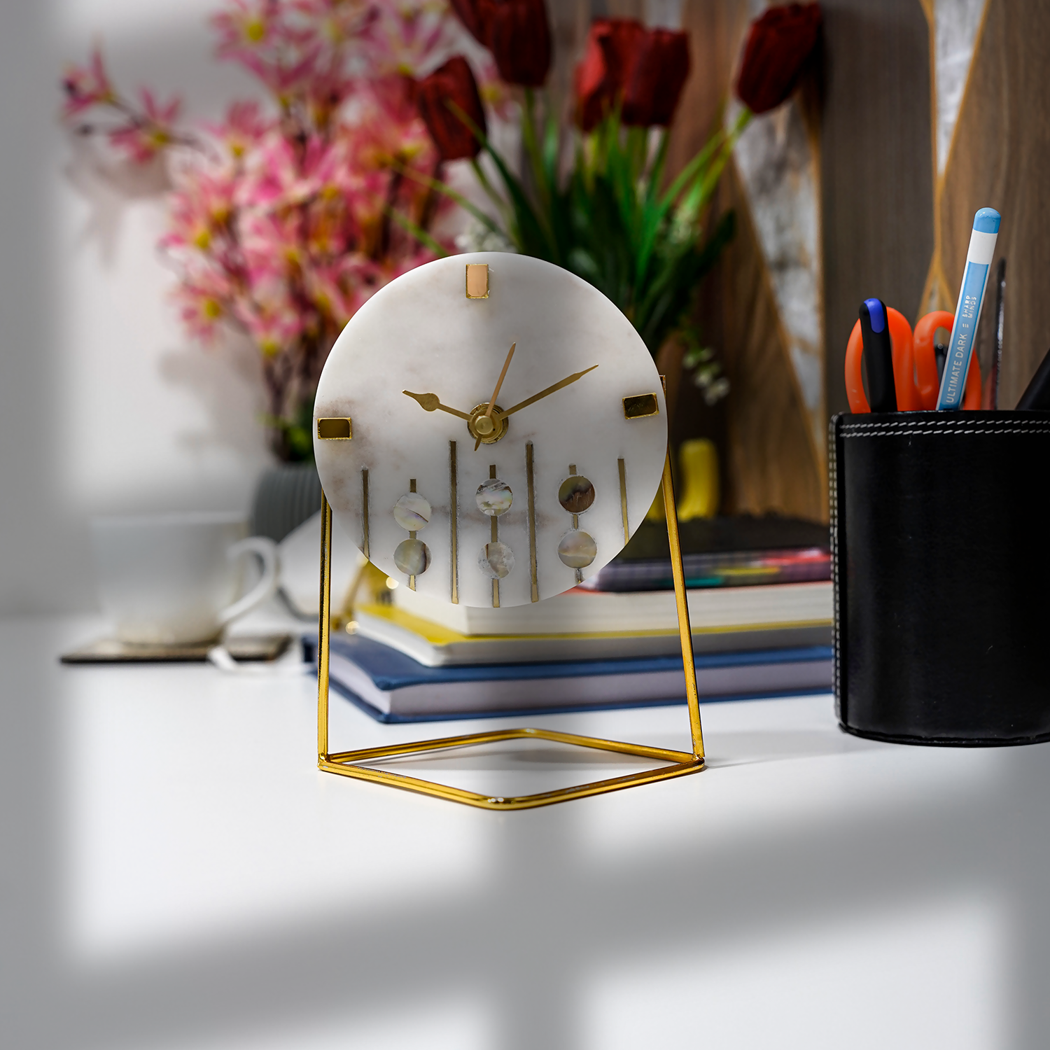 White Marble Round Shape Desk Clock with MOP and Brass Inlay