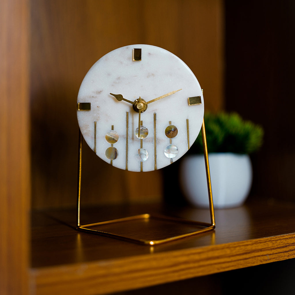 White Marble Round Shape Desk Clock with MOP and Brass Inlay