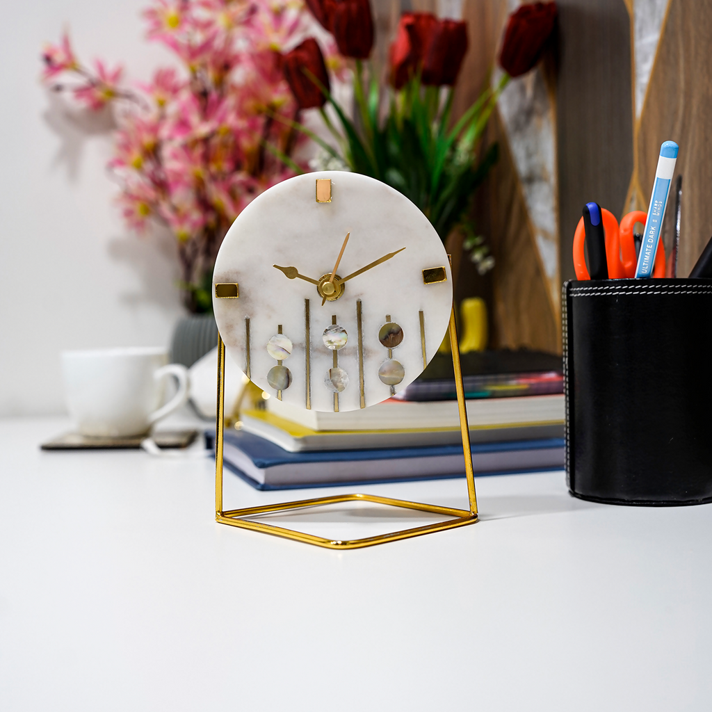 White Marble Round Shape Desk Clock with MOP and Brass Inlay