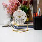 White Marble Round Shape Desk Clock with MOP and Brass Inlay