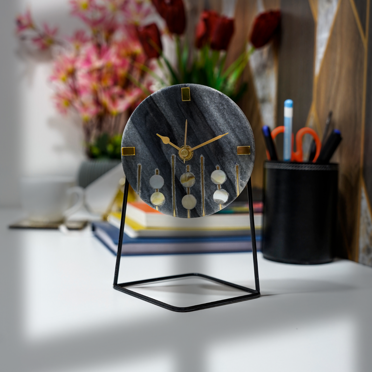 Gray Marble Round Shape Desk Clock with MOP and Brass Inlay