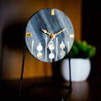 Gray Marble Round Shape Desk Clock with MOP and Brass Inlay