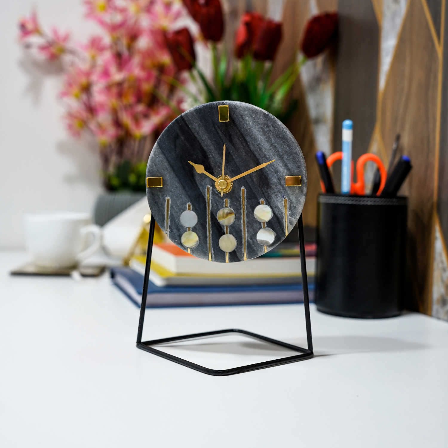Gray Marble Round Shape Desk Clock with MOP and Brass Inlay